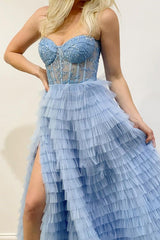 Sky Blue Sweetheart Mermaid Long Prom Dress with Split and Lace Appliques