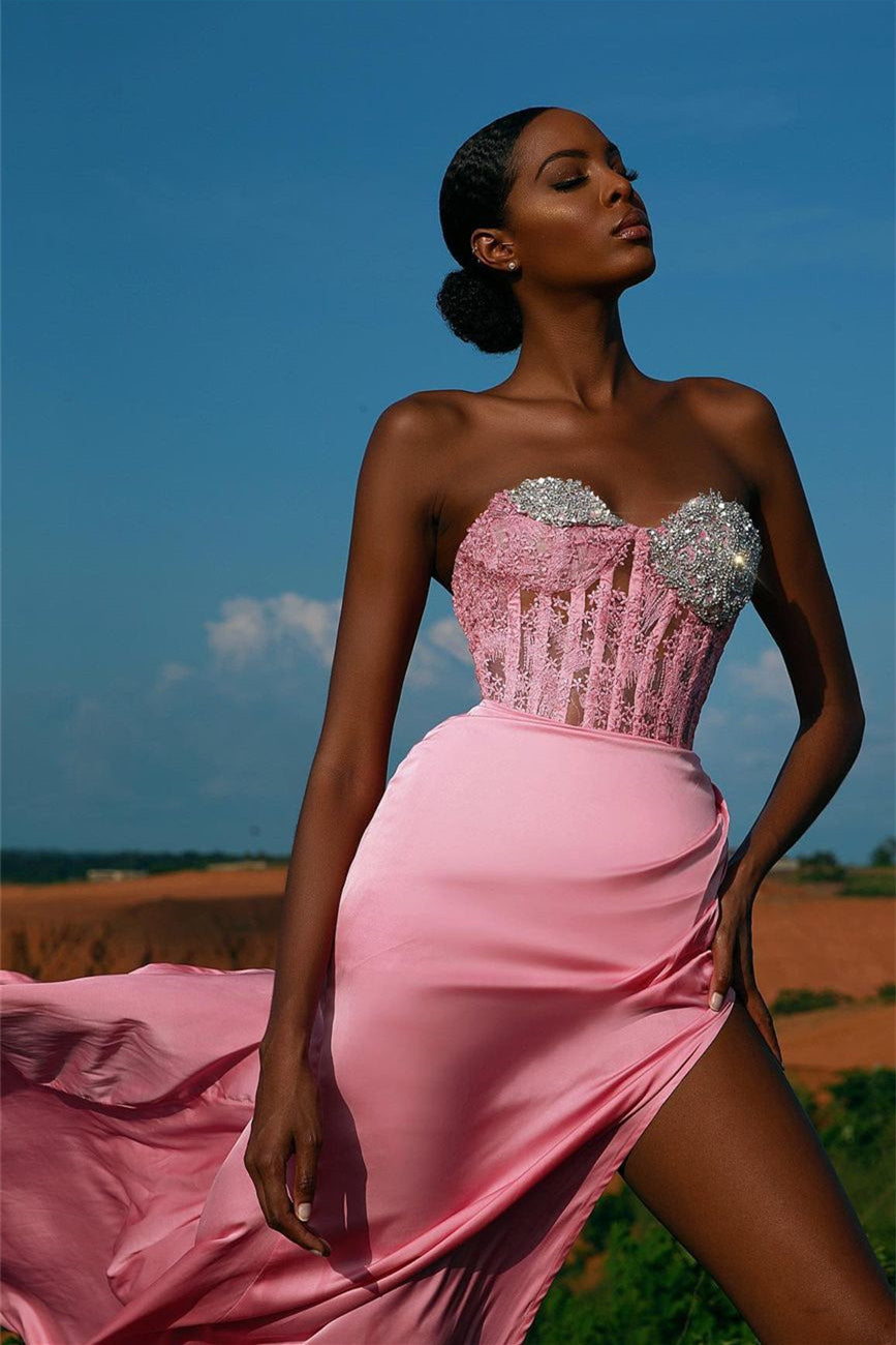 Pink Sweetheart Mermaid Long Prom Dress with Beading, Split and Appliques