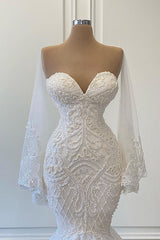Sweetheart Strapless Lace Mermaid Wedding Dress with Pearl Beading