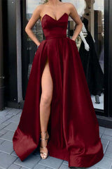 Strapless Sweetheart Long Prom Dress with Split and Pockets