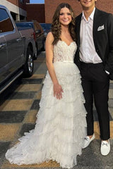 Sweetheart White Applique Tiered Prom Dress with Bow