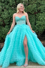 Sweetheart Yellow Lace Corset Tiered Tulle Prom Dress