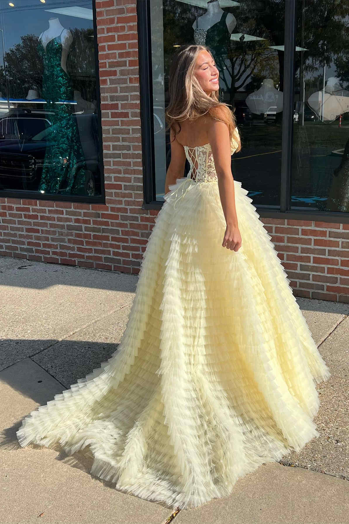 Sweetheart Yellow Lace Corset Tiered Tulle Prom Dress