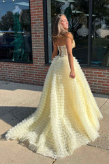 Sweetheart Yellow Lace Corset Tiered Tulle Prom Dress