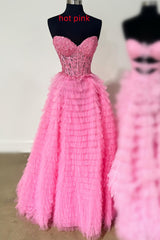 Sweetheart Yellow Lace Corset Tiered Tulle Prom Dress