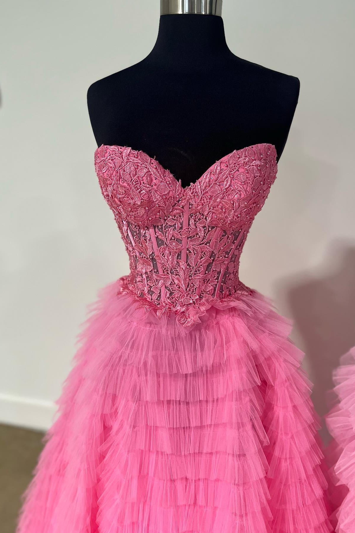 Sweetheart Yellow Lace Corset Tiered Tulle Prom Dress