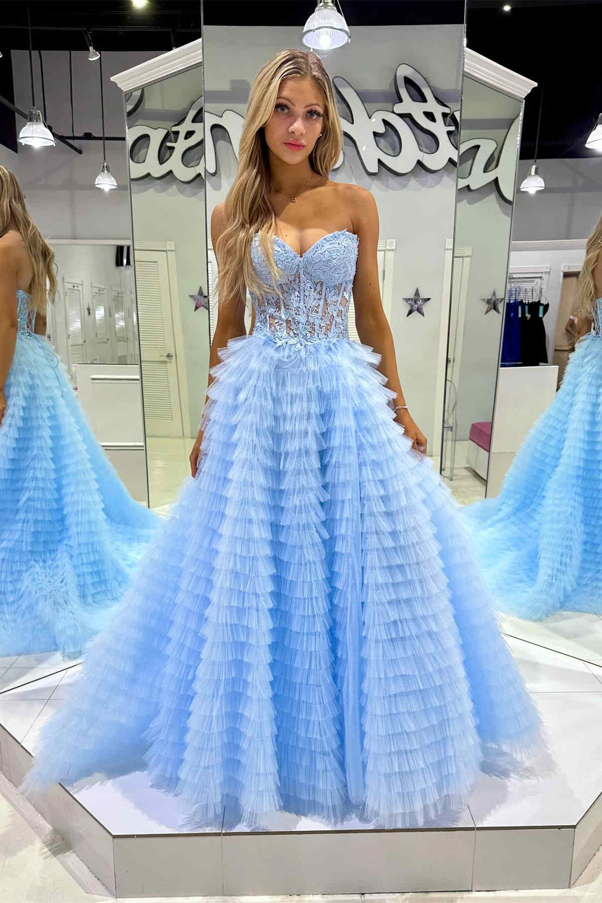 Sweetheart Yellow Lace Corset Tiered Tulle Prom Dress