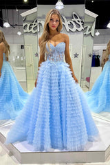 Sweetheart Yellow Lace Corset Tiered Tulle Prom Dress