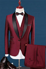 Three-Piece Wine Red Shawl Lapel Dinner Tuxedo for Morning Wedding