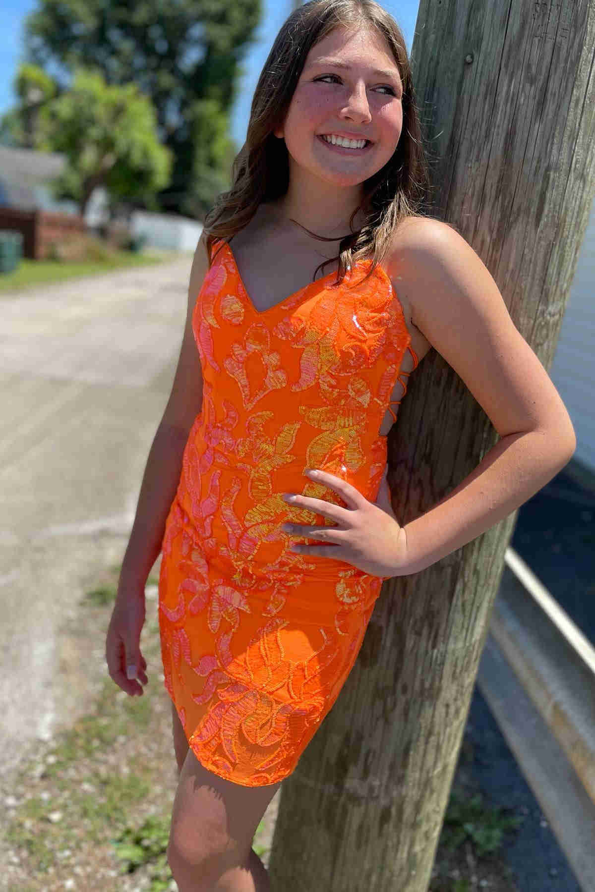 Tie Back Strapless Orange Appliques Homecoming Dress