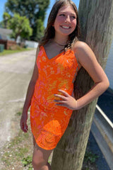 Tie Back Strapless Orange Appliques Homecoming Dress