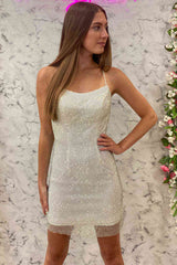 Tight White Homecoming Dress with Grid Lace Bodice