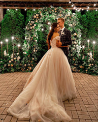 Tulle Off-the-Shoulder A-Line Long Wedding Dress with Chapel Train