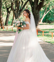 Tulle Off-the-Shoulder A-Line Long Wedding Dress with Chapel Train