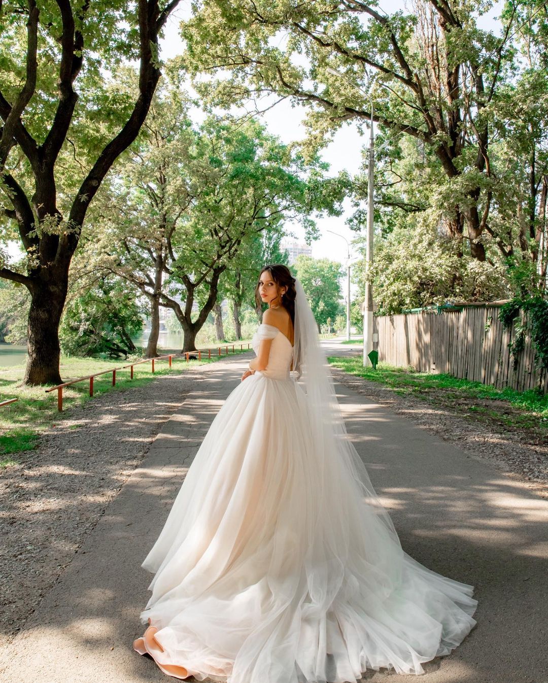 Tulle Off-the-Shoulder A-Line Long Wedding Dress with Chapel Train