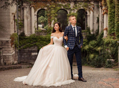 Tulle Off-the-Shoulder A-Line Long Wedding Dress with Chapel Train