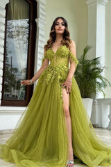 Sweetheart Off the Shoulder Tulle Prom Dress with Split and Appliques
