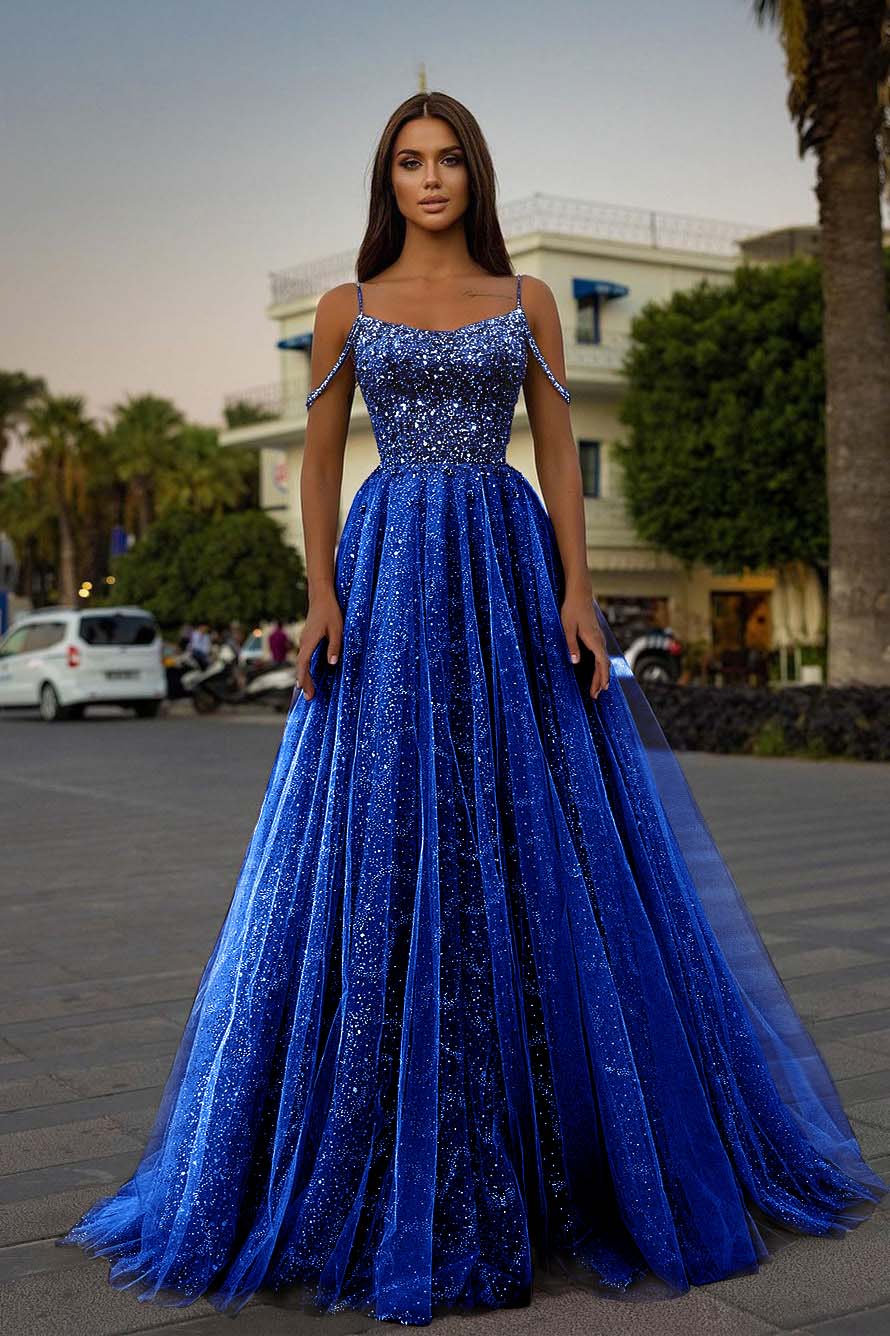 Tulle Spaghetti Strap A-Line Long Prom Dress with Sequins Beading
