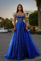 Tulle Spaghetti Strap A-Line Long Prom Dress with Sequins Beading