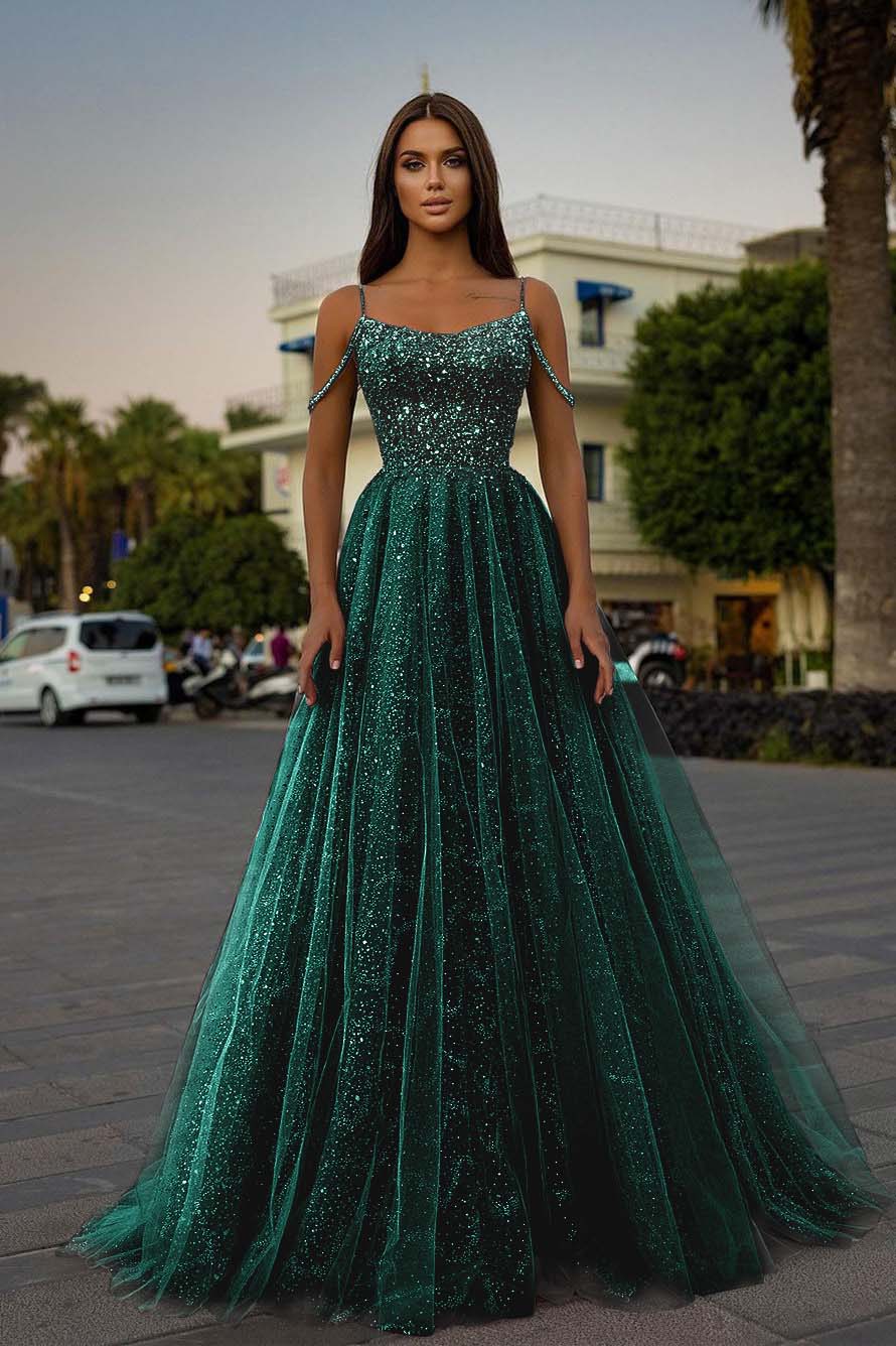 Tulle Spaghetti Strap A-Line Long Prom Dress with Sequins Beading