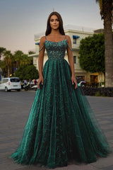 Tulle Spaghetti Strap A-Line Long Prom Dress with Sequins Beading