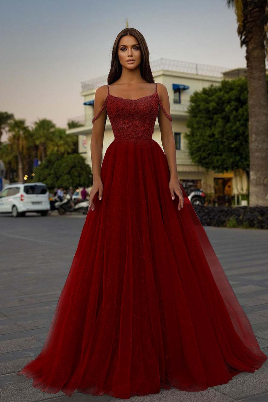 Tulle Spaghetti Strap A-Line Long Prom Dress with Sequins Beading