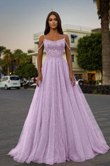 Tulle Spaghetti Strap A-Line Long Prom Dress with Sequins Beading