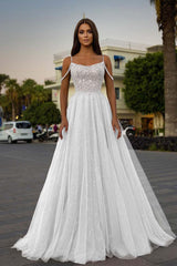 Tulle Spaghetti Strap A-Line Long Prom Dress with Sequins Beading