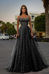 Tulle Spaghetti Strap A-Line Long Prom Dress with Sequins Beading