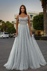 Tulle Spaghetti Strap A-Line Long Prom Dress with Sequins Beading
