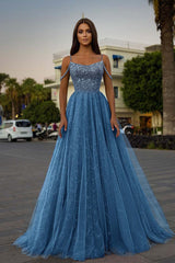 Tulle Spaghetti Strap A-Line Long Prom Dress with Sequins Beading