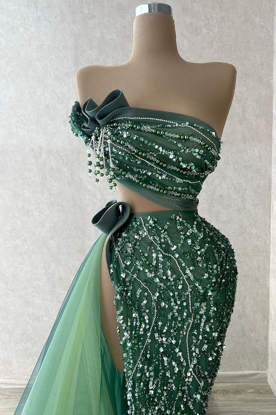 Strapless Tulle Long Prom Dress with Beading and Split