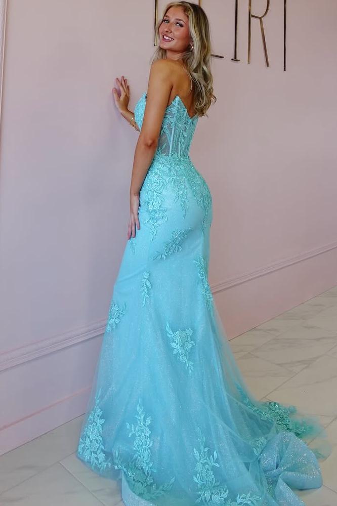 Strapless Tulle Mermaid Long Prom Dress with Appliques