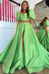 Two Piece Green Balloon Sleeves Long Prom Dress with Slit