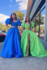 Two Piece Green Balloon Sleeves Long Prom Dress with Slit