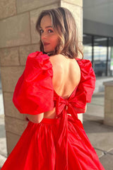 Two Piece Green Balloon Sleeves Long Prom Dress with Slit