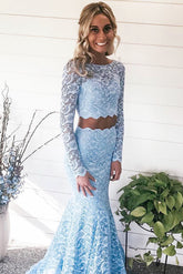 Two Piece Mermaid Lace Sky Blue Prom Dress with Long Sleeves