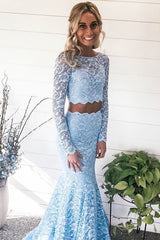 Two Piece Mermaid Lace Sky Blue Prom Dress with Long Sleeves