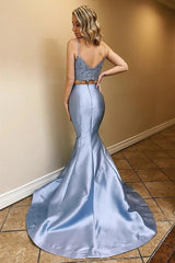 Two Piece Mermaid Long Dusty Blue Prom Dress
