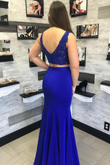 Two Piece Mermaid Royal Blue Long Prom Dress
