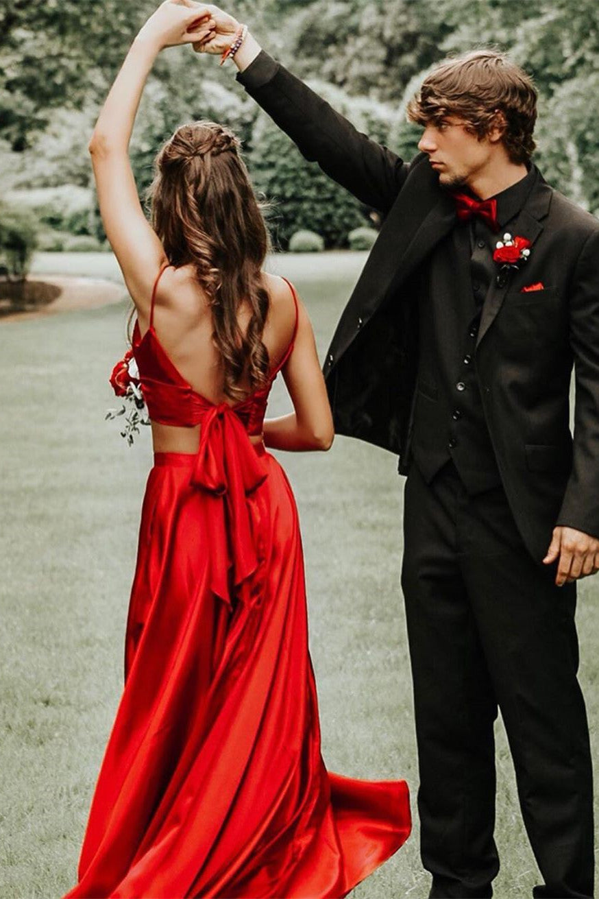 Two Piece Straps Lavender Long Prom Dress with Bowknot Back