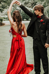 Two Piece Straps Lavender Long Prom Dress with Bowknot Back