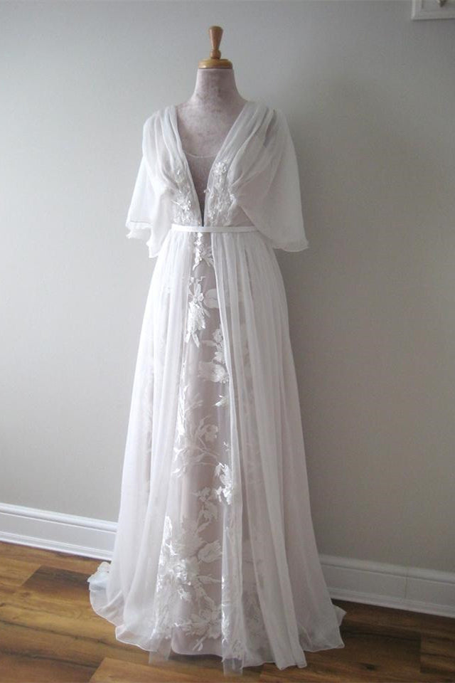 V-Neck A-Line Chiffon Lace Boho Wedding Dress with Belt
