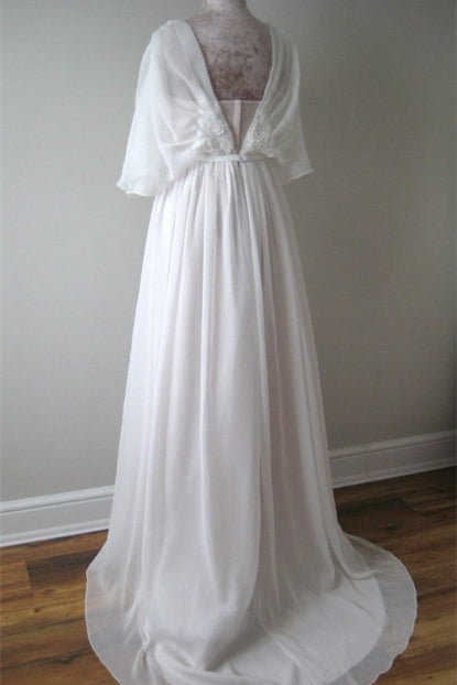 V-Neck A-Line Chiffon Lace Boho Wedding Dress with Belt