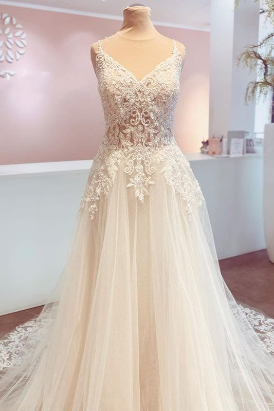 V-Neck A-Line Lace Wedding Dress