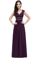 V Neck A Line Off The Shoulder Chiffon Long Bridesmaid Dress