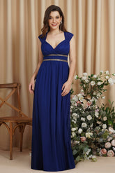V Neck A Line Off The Shoulder Chiffon Long Bridesmaid Dress