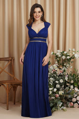 V Neck A Line Off The Shoulder Chiffon Long Bridesmaid Dress