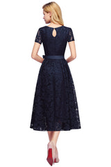V Neck A Line Tea Length Floral Lace Formal Dress with Sleeves