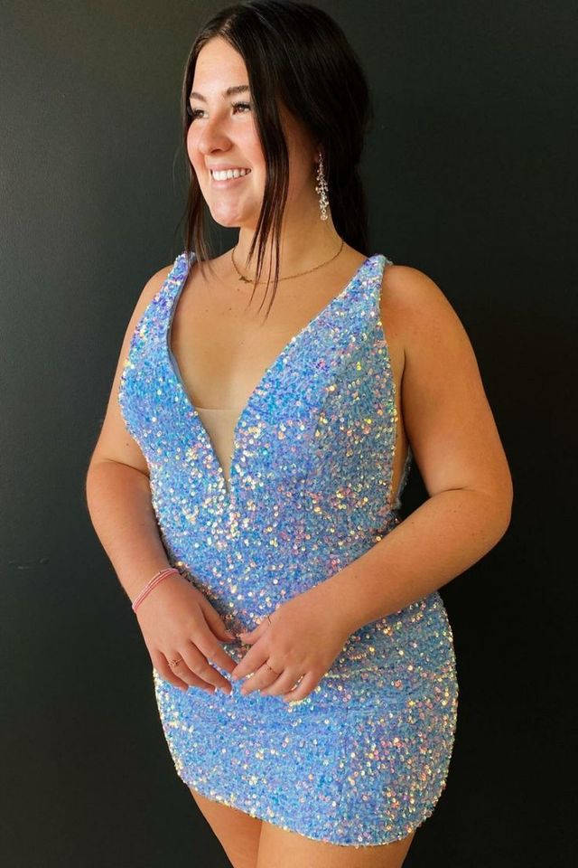 V-Neck Backless Black Sequins Mini Homecoming Dress